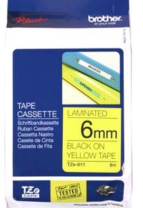 Brother TZe-611 6mm x 8m Black on Yellow Tape