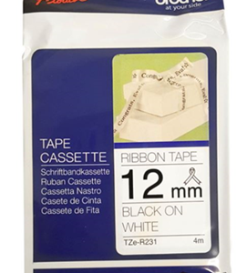 Brother TZe-R231 12mm x 4m Black on White Ribbon Tape
