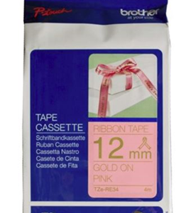 Brother TZe-RE34 12mm x 4m Gold on Pink Ribbon Tape