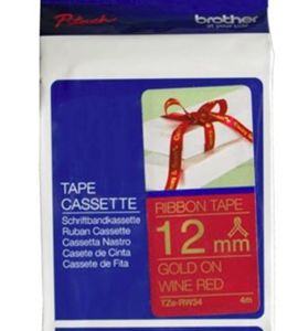 Brother TZe-RW34 12mm x 4m Gold on Wine Red Ribbon Tape