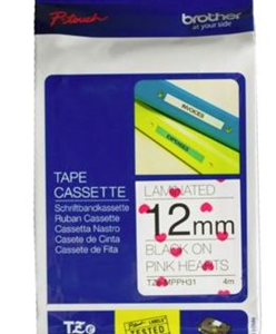 Brother TZe-MPPH31 12mm x 4m Black on Pink Hearts Tape