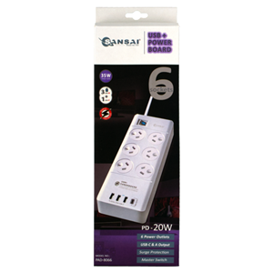 Sansai 6 Way Surge Powerboard with 3x USB. 1x USB-C Charging Ports